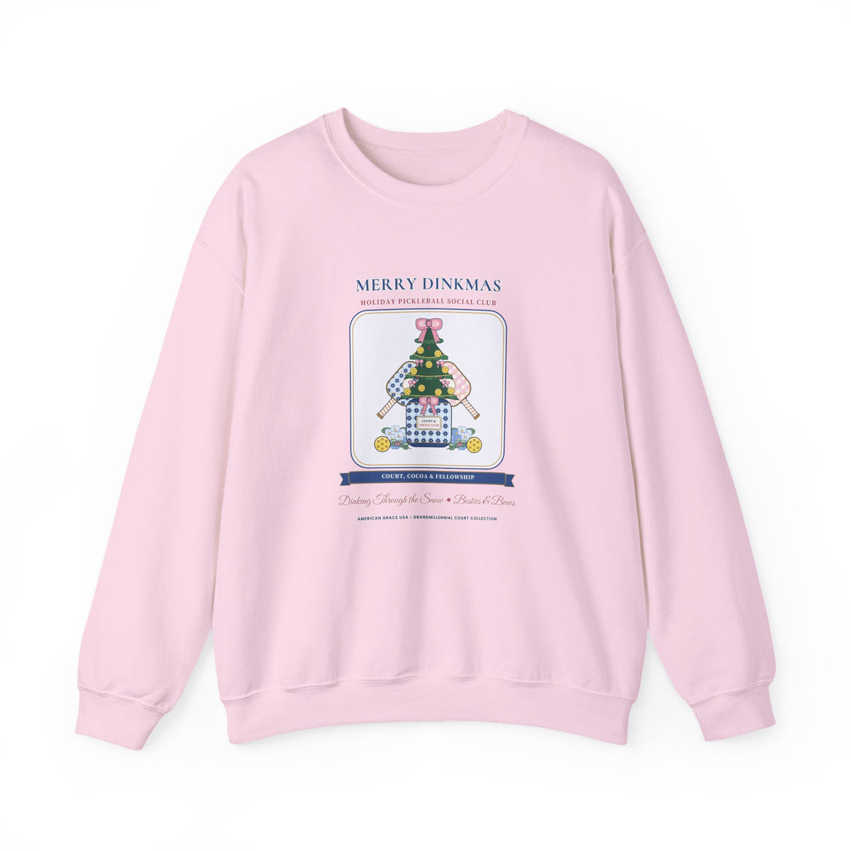 "Merry Dinkmas • Court & Cocoa Club" Chinoiserie Ginger-Jar Christmas Tree & Pickleball Paddles Holiday Sweatshirt | Coquette Crewneck