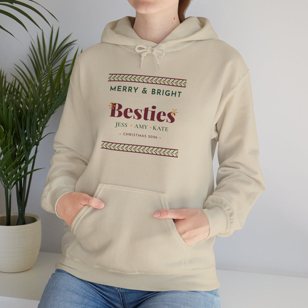 Merry and Bright Besties Christmas Hoodie Personalized — Bella+Canvas 3719 Unisex Sponge Fleece Pullover Hoodie Mockup 3