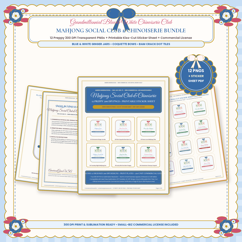 Mahjong Social Club & Chinoiserie Preppy PNG & Sticker Bundle (12 Designs) - Boutique Chinoiserie Blue & Pink Coquette Cover