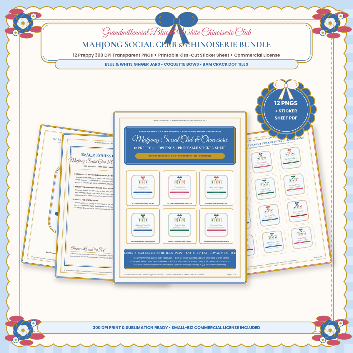 Mahjong Social Club & Chinoiserie Preppy PNG & Sticker Bundle (12 Designs) - Boutique Chinoiserie Blue & Pink Coquette Cover