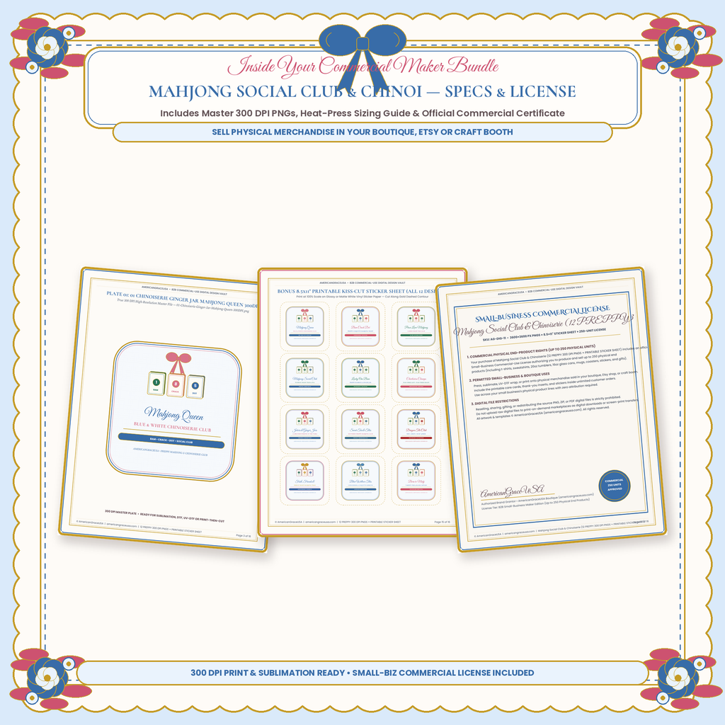 Mahjong Social Club & Chinoiserie Preppy PNG Bundle - All 12 Designs & Commercial License Specs