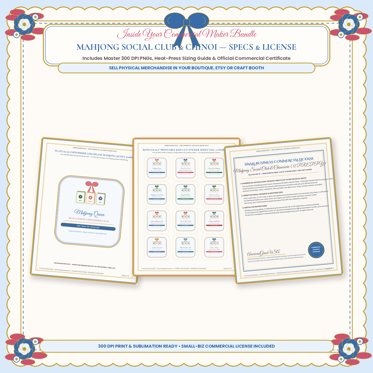 Mahjong Social Club & Chinoiserie Preppy PNG Bundle - All 12 Designs & Commercial License Specs