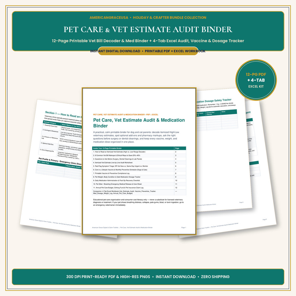 Pet Care, Vet Estimate Audit & Medication Binder (PDF + Excel) - Hero Mockup