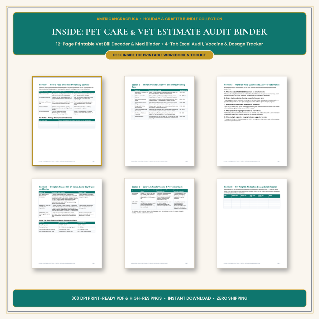 Inside the Pet Care, Vet Estimate Audit & Medication Binder - 6-Page Spread Preview