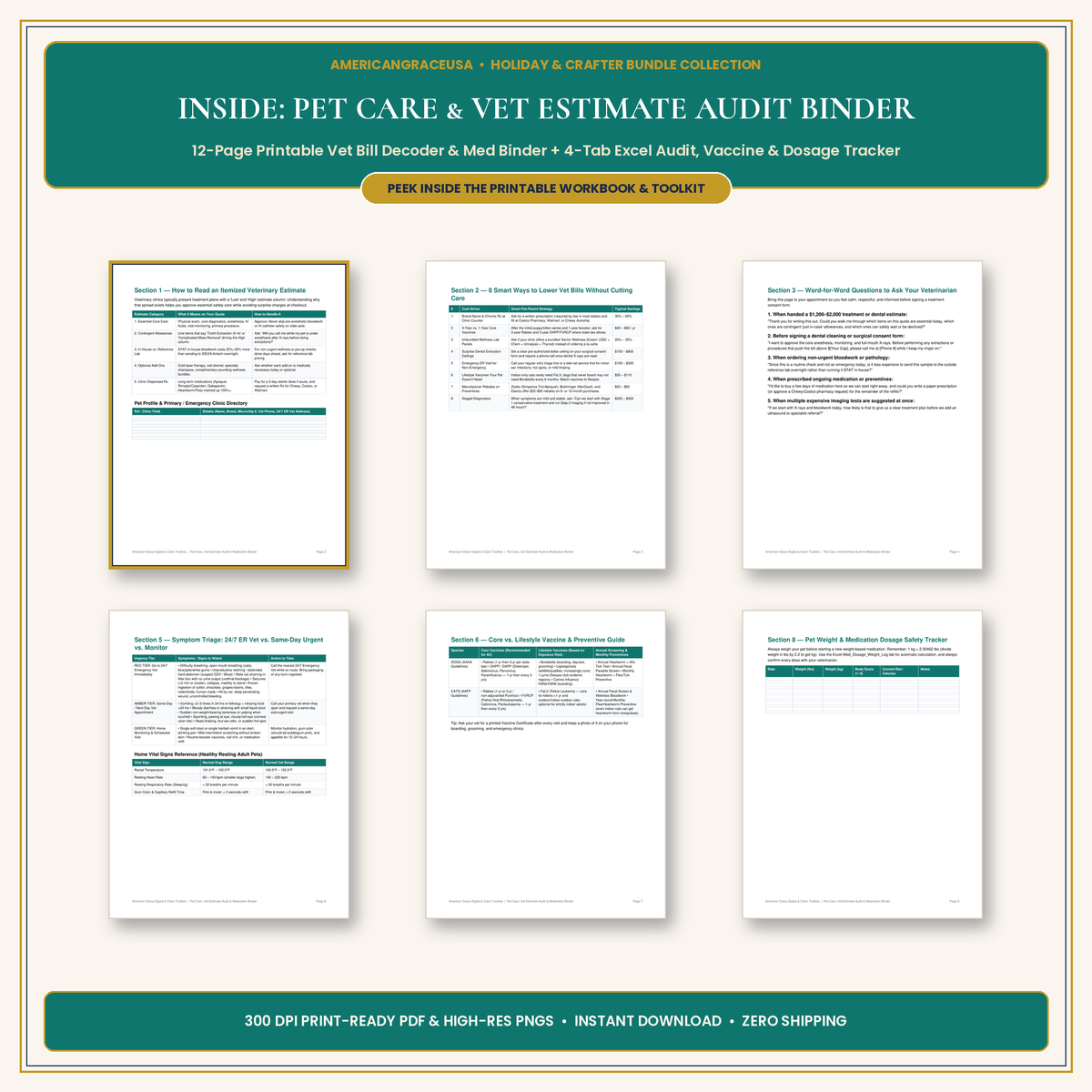 Inside the Pet Care, Vet Estimate Audit & Medication Binder - 6-Page Spread Preview