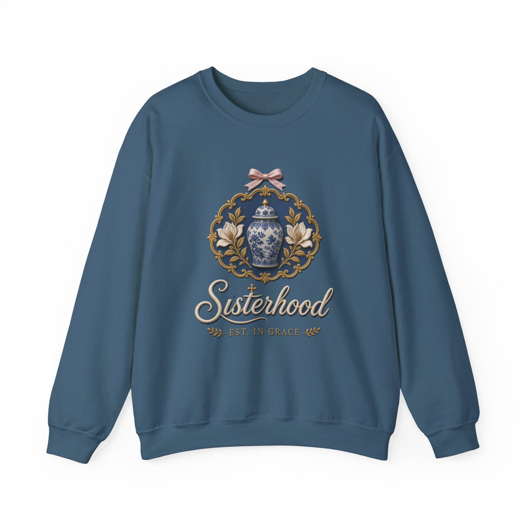 Sisterhood Heirloom Crest Crewneck Sweatshirt, Est. in Grace | Chinoiserie Ginger Jar Magnolia Crest, Mother Daughter Matching Christian Sweatshirt