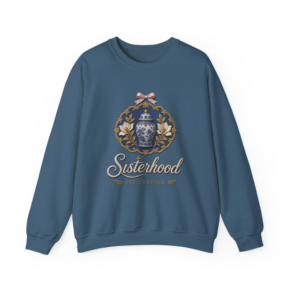 Sisterhood Heirloom Crest Crewneck Sweatshirt, Est. in Grace | Chinoiserie Ginger Jar Magnolia Crest, Mother Daughter Matching Christian Sweatshirt