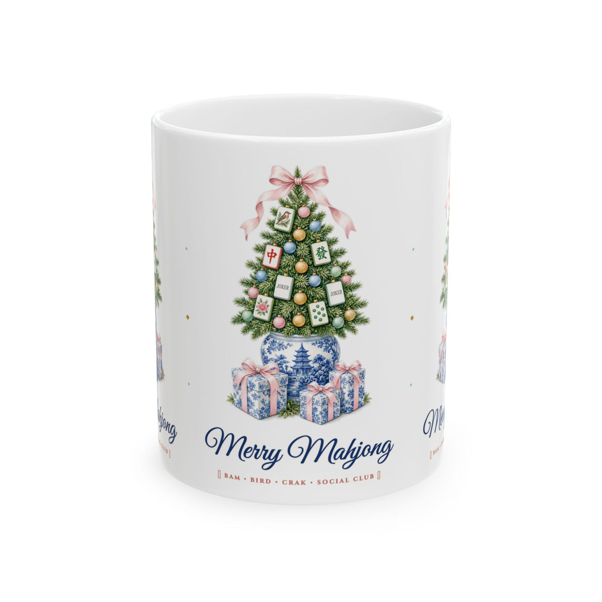 "Merry Mahjong" Chinoiserie Ginger-Jar Christmas Tree & Coquette Bow Ceramic Mug (11oz / 15oz) | Southern Preppy Mahjong Hostess Gift