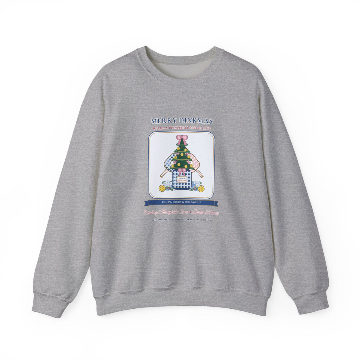 "Merry Dinkmas • Court & Cocoa Club" Chinoiserie Ginger-Jar Christmas Tree & Pickleball Paddles Holiday Sweatshirt | Coquette Crewneck