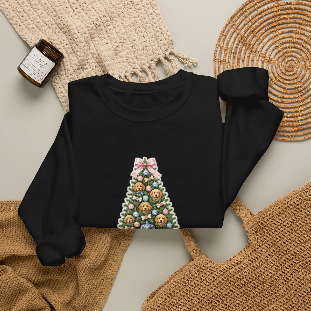 Merry Woofmas Chinoiserie Ginger-Jar Christmas Tree & Golden Doodle Ornaments Sweatshirt | Coquette Bow Dog Mom Holiday Crewneck