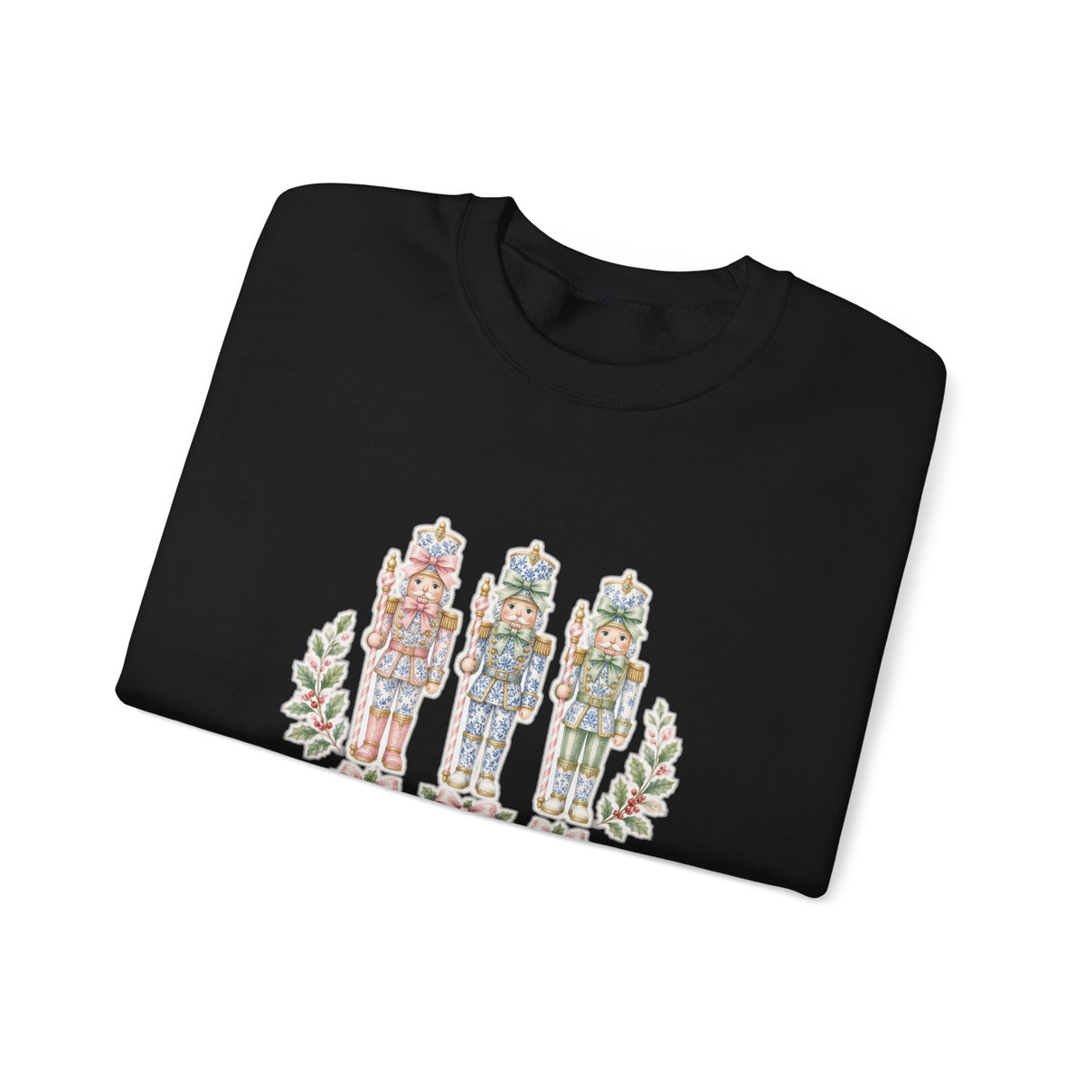 Pastel Chinoiserie Nutcracker & Pink Coquette Bow Holiday Sweatshirt | Grandmillennial "Merry & Bright" Christmas Crewneck