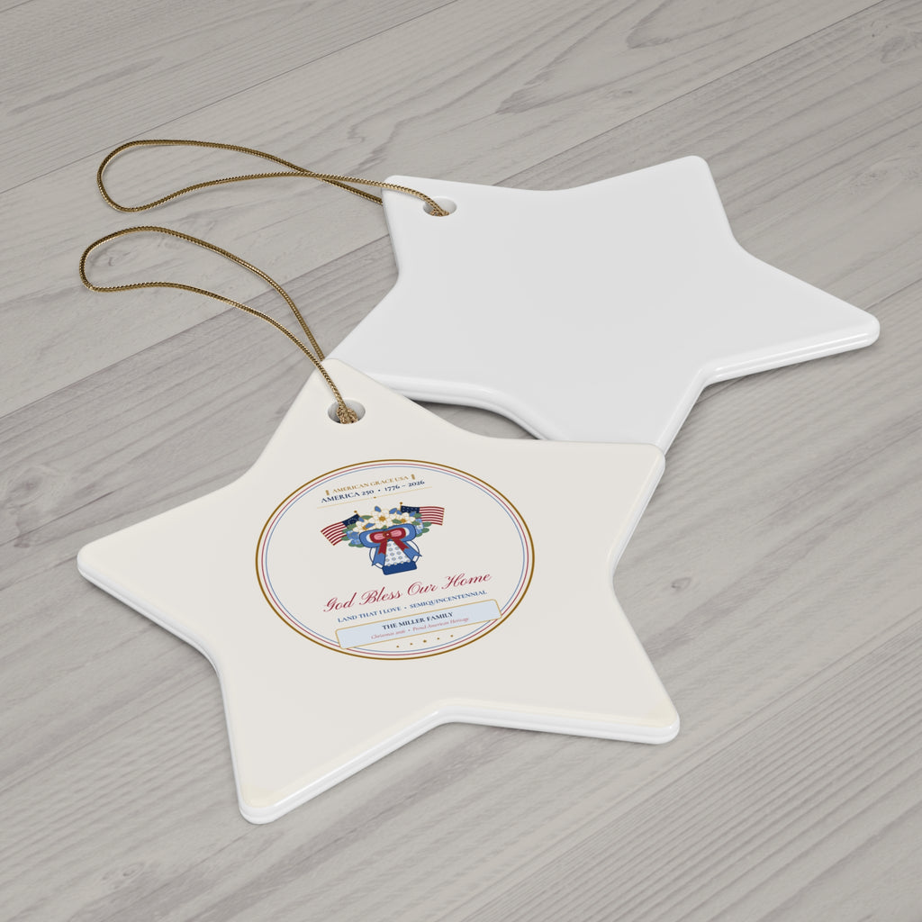 Personalized "God Bless Our Home • America 250 (1776–2026)" Chinoiserie Ginger-Jar & Flag Ceramic Christmas Ornament