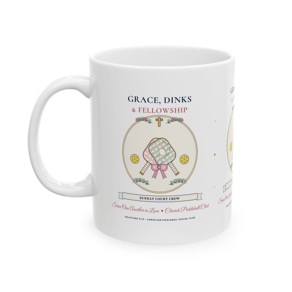 "Grace, Dinks & Fellowship" Church Pickleball Club Chinoiserie & Coquette Bow Mug (11oz / 15oz) | Christian Pickleball Gift