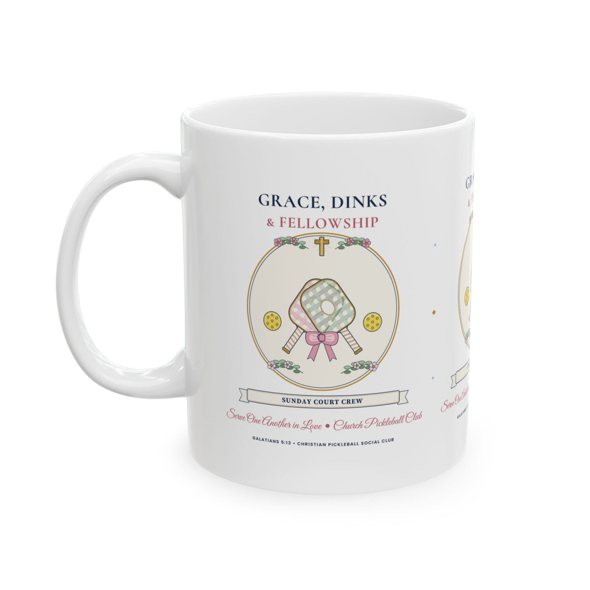 "Grace, Dinks & Fellowship" Church Pickleball Club Chinoiserie & Coquette Bow Mug (11oz / 15oz) | Christian Pickleball Gift