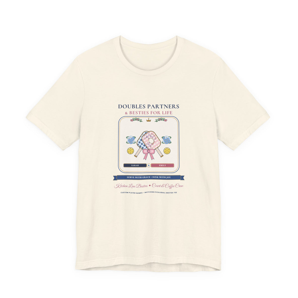 Personalized "Doubles Partners & Besties for Life" Preppy Chinoiserie Pickleball Shirt | Custom Names Matching Court Besties Bella+Canvas Tee