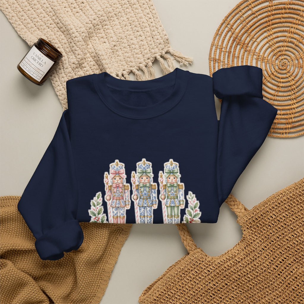 Pastel Chinoiserie Nutcracker & Pink Coquette Bow Holiday Sweatshirt | Grandmillennial "Merry & Bright" Christmas Crewneck