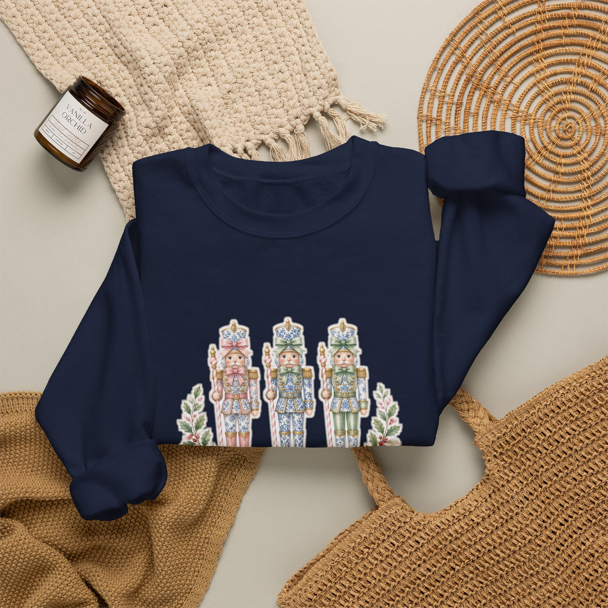 Pastel Chinoiserie Nutcracker & Pink Coquette Bow Holiday Sweatshirt | Grandmillennial "Merry & Bright" Christmas Crewneck