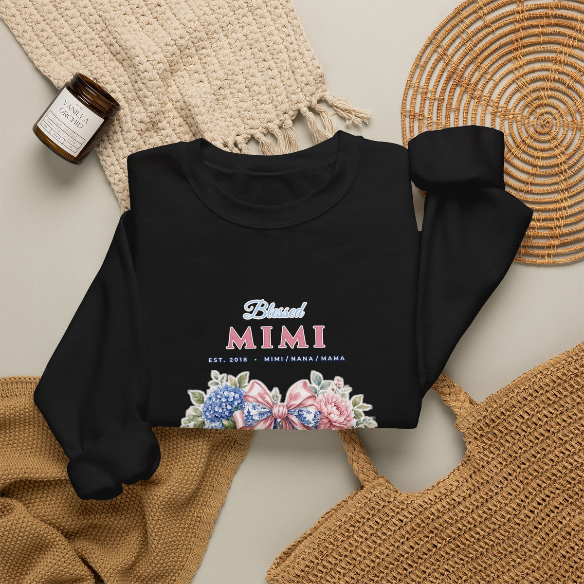 Personalized Blessed Mimi, Nana or Mama Chinoiserie Bow & Grandkids Names Sweatshirt | Custom Floral Coquette Grandma & Mom Crewneck