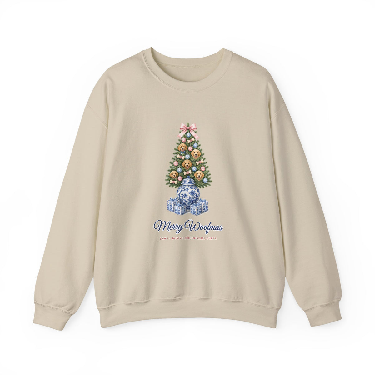 Merry Woofmas Chinoiserie Ginger-Jar Christmas Tree & Golden Doodle Ornaments Sweatshirt | Coquette Bow Dog Mom Holiday Crewneck