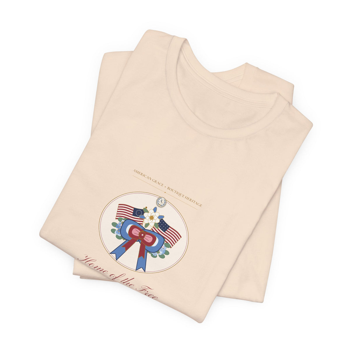 "American Grace • Home of the Free, Because of the Brave" Preppy Toile Ribbon & Flag Bella+Canvas Boutique Tee