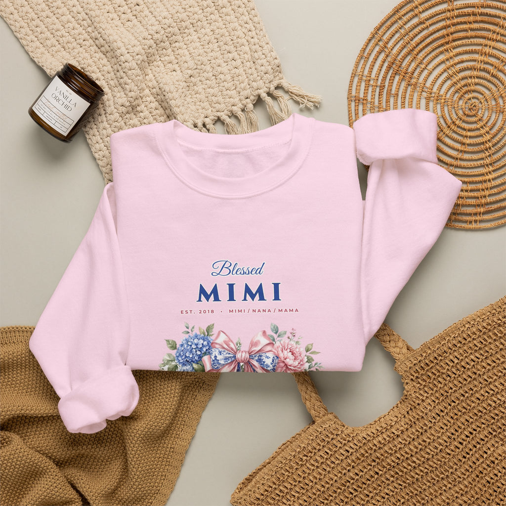 Personalized Blessed Mimi, Nana or Mama Chinoiserie Bow & Grandkids Names Sweatshirt | Custom Floral Coquette Grandma & Mom Crewneck