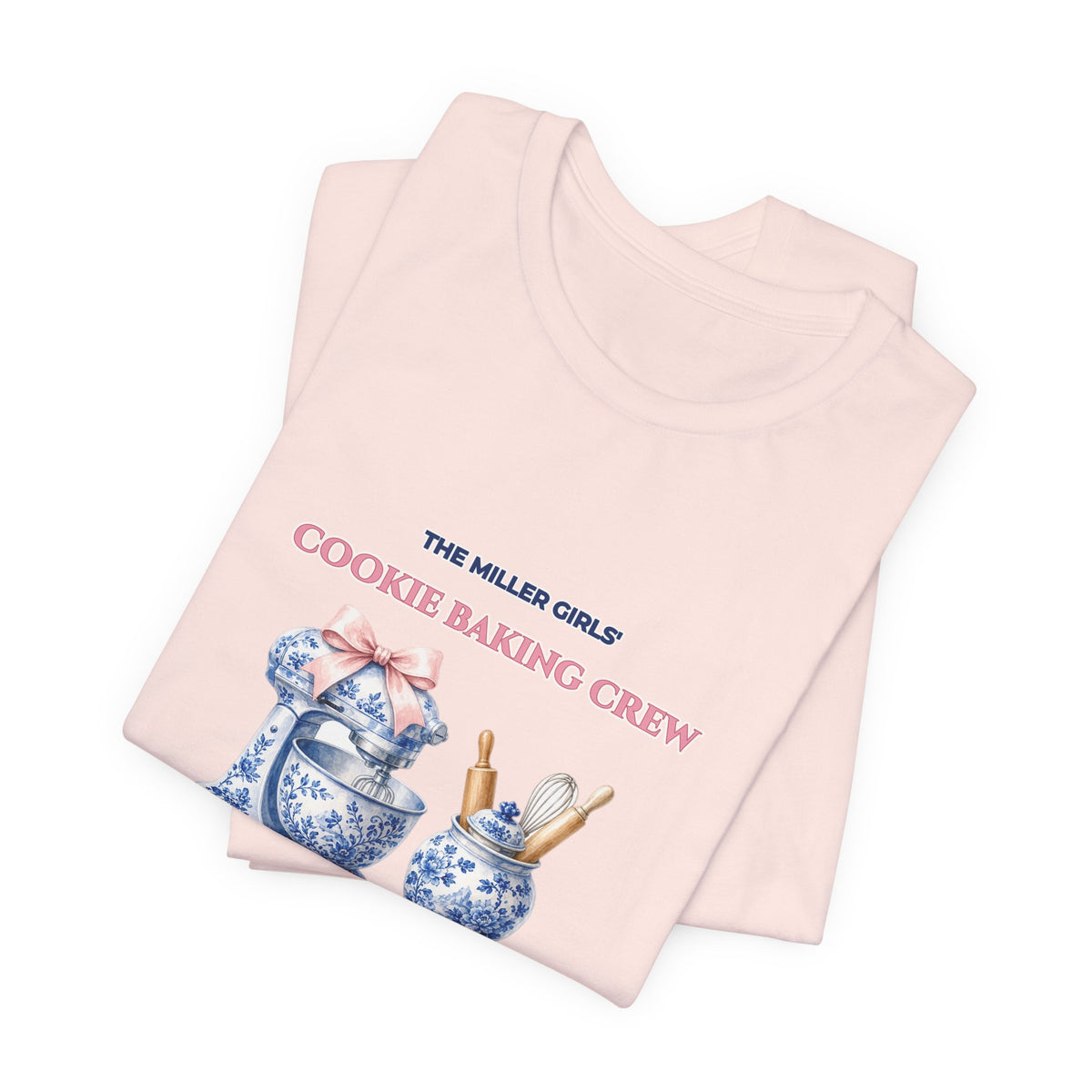 Personalized Custom Family or Besties Christmas Cookie Baking Crew Shirt | Chinoiserie Stand Mixer & Coquette Bow Bella+Canvas 3001 Tee