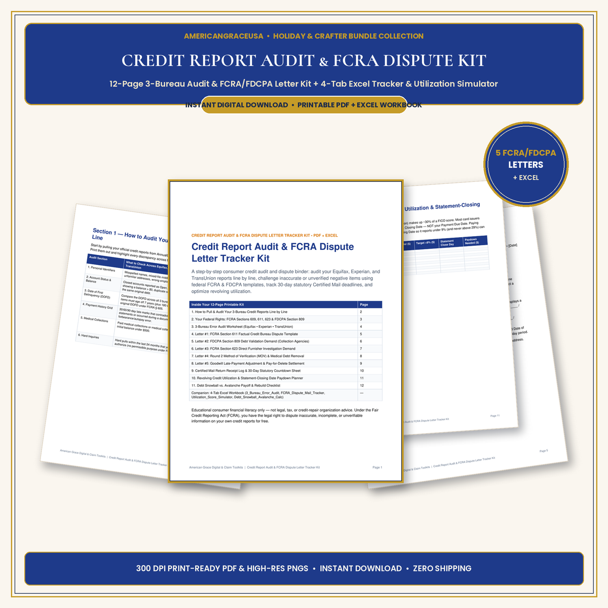 Credit Report Audit & FCRA Dispute Letter Tracker Kit (PDF + Excel) - Hero Mockup