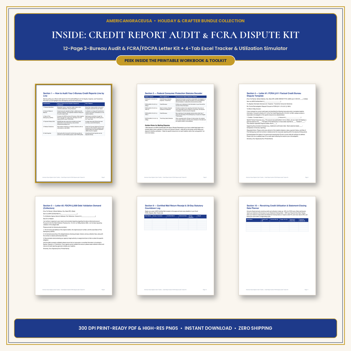Inside the Credit Report Audit & FCRA Dispute Letter Tracker Kit - 6-Page Spread Preview