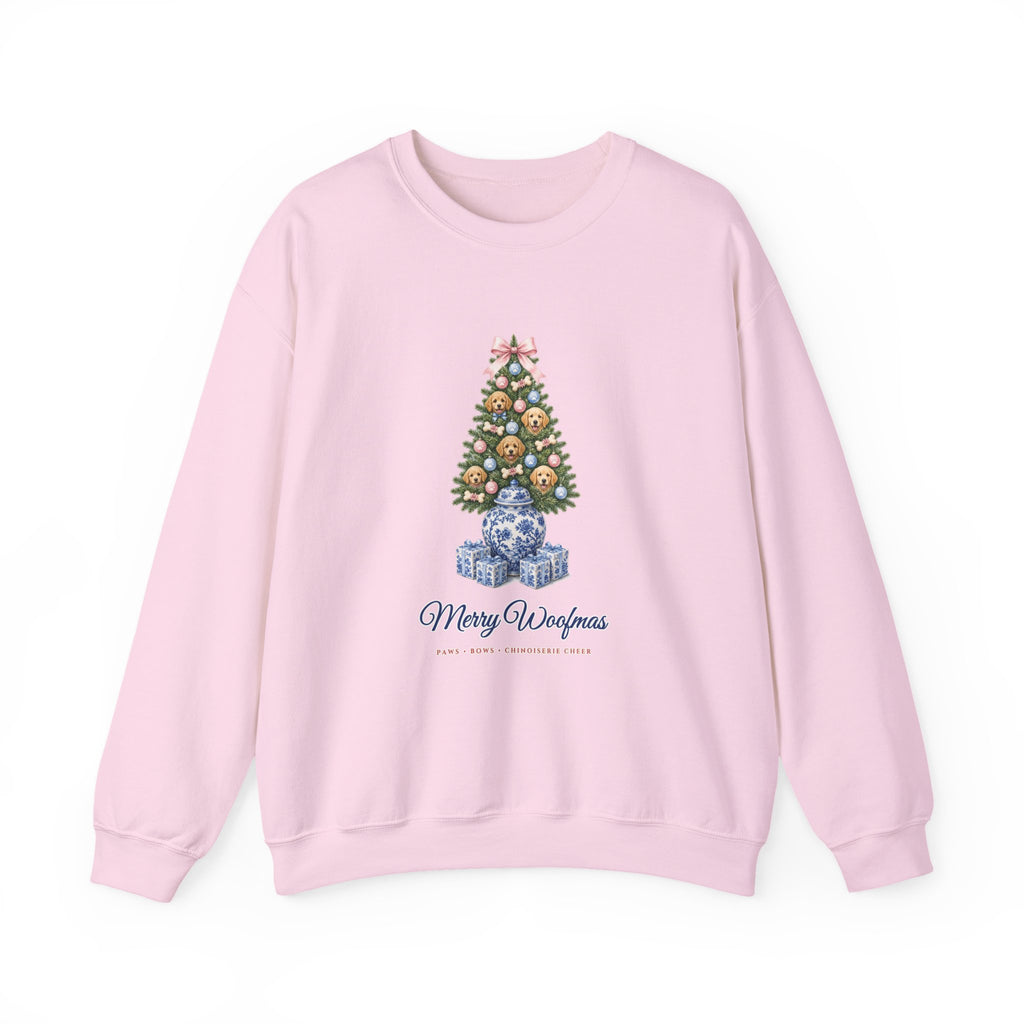 Merry Woofmas Chinoiserie Ginger-Jar Christmas Tree & Golden Doodle Ornaments Sweatshirt | Coquette Bow Dog Mom Holiday Crewneck