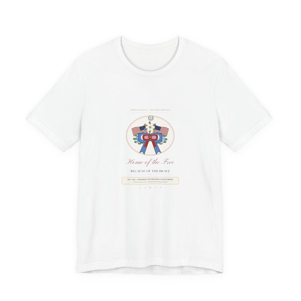 "American Grace • Home of the Free, Because of the Brave" Preppy Toile Ribbon & Flag Bella+Canvas Boutique Tee