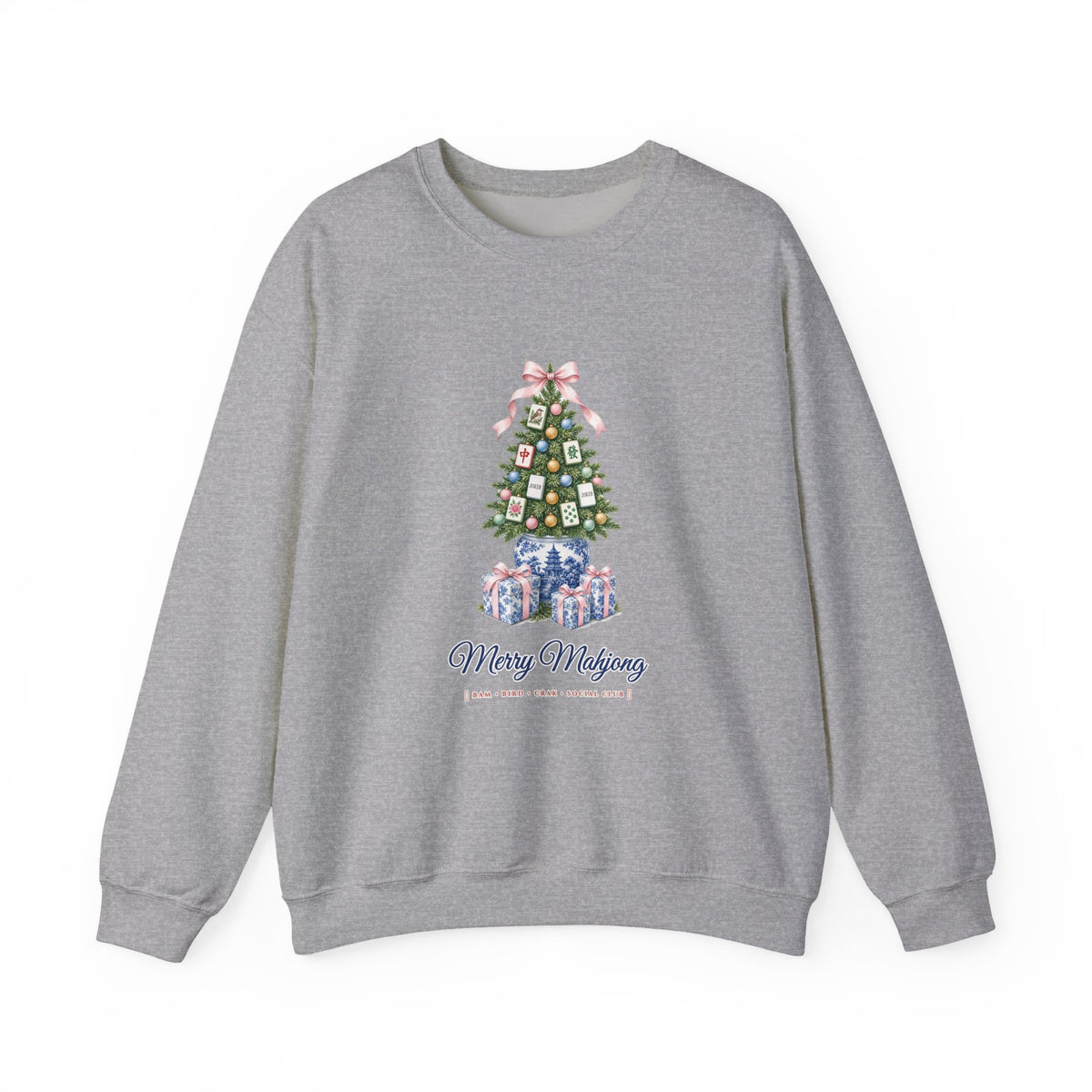 Merry Mahjong Chinoiserie Ginger-Jar Christmas Tree Sweatshirt | Coquette Bow & Pastel Mahjong Tile Holiday Crewneck