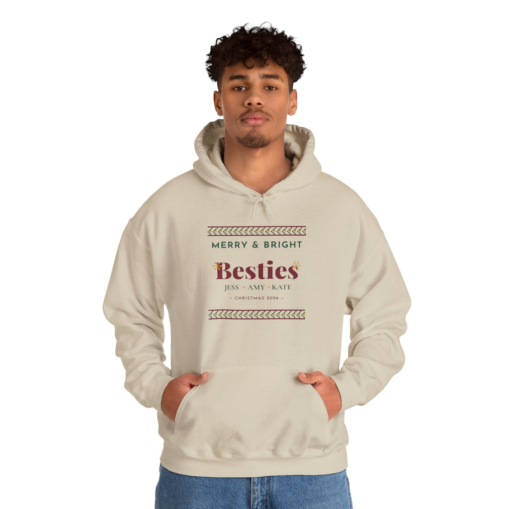 Merry and Bright Besties Christmas Hoodie Personalized — Bella+Canvas 3719 Unisex Sponge Fleece Pullover Hoodie Mockup 6
