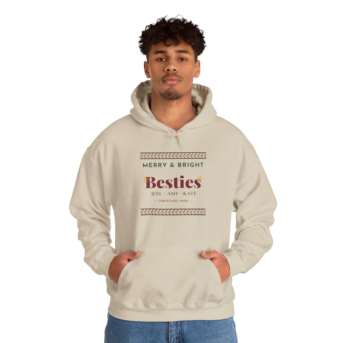 Merry and Bright Besties Christmas Hoodie Personalized — Bella+Canvas 3719 Unisex Sponge Fleece Pullover Hoodie Mockup 6