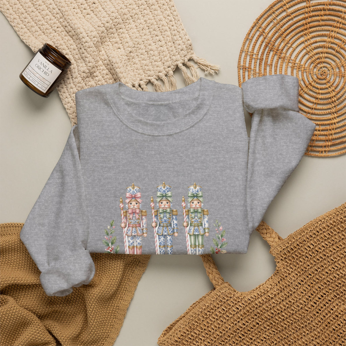 Pastel Chinoiserie Nutcracker & Pink Coquette Bow Holiday Sweatshirt | Grandmillennial "Merry & Bright" Christmas Crewneck