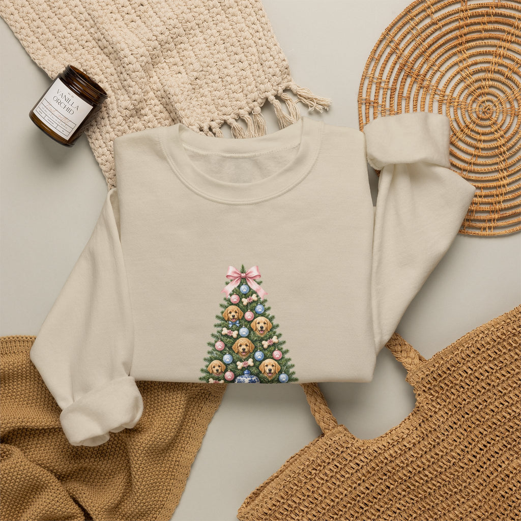 Merry Woofmas Chinoiserie Ginger-Jar Christmas Tree & Golden Doodle Ornaments Sweatshirt | Coquette Bow Dog Mom Holiday Crewneck