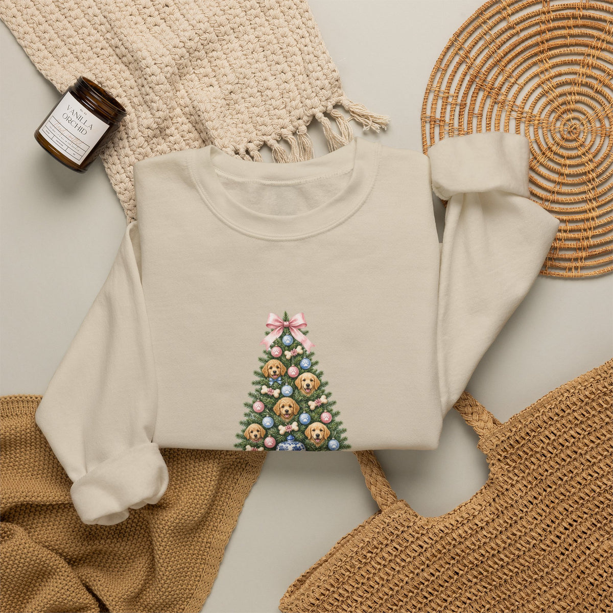 Merry Woofmas Chinoiserie Ginger-Jar Christmas Tree & Golden Doodle Ornaments Sweatshirt | Coquette Bow Dog Mom Holiday Crewneck