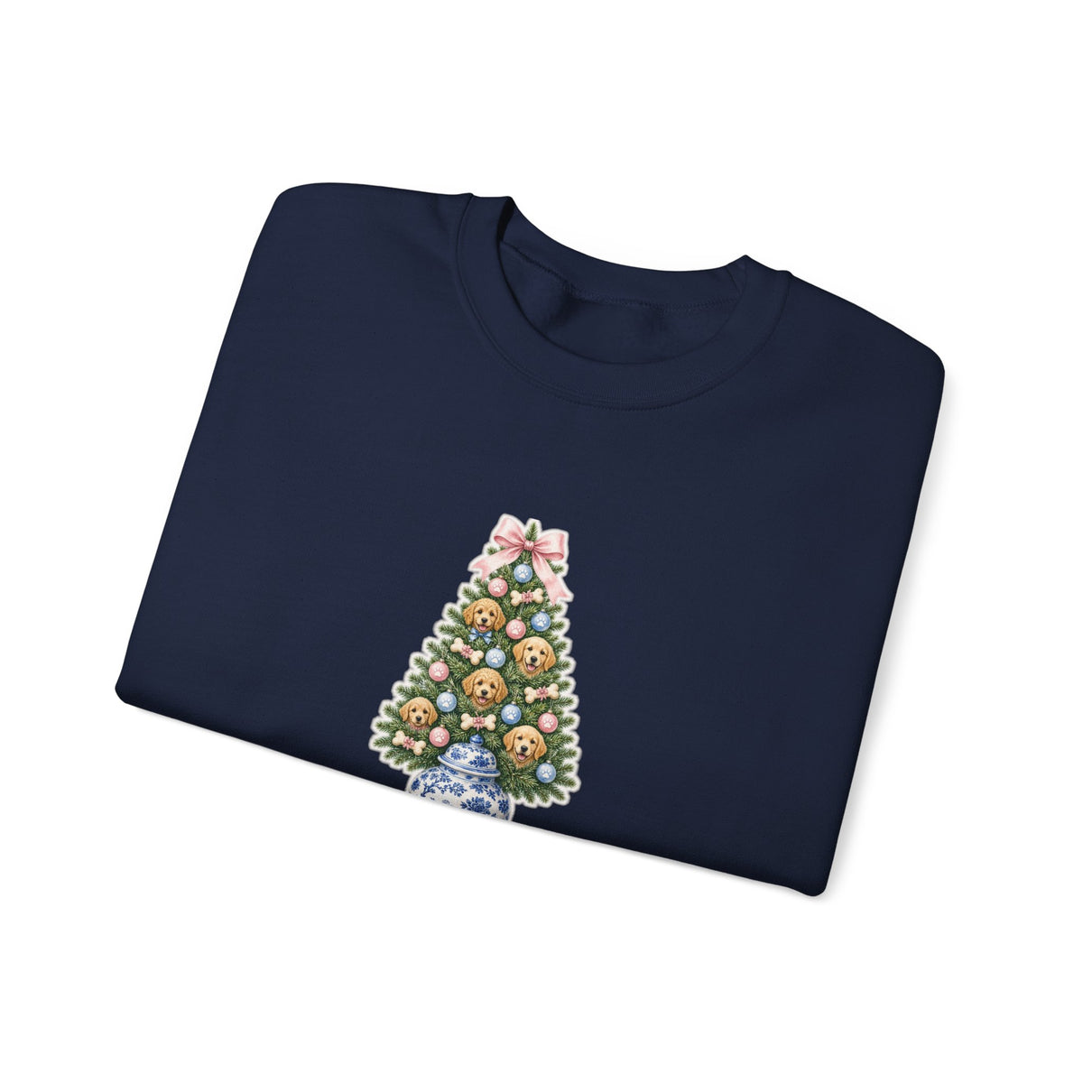 Merry Woofmas Chinoiserie Ginger-Jar Christmas Tree & Golden Doodle Ornaments Sweatshirt | Coquette Bow Dog Mom Holiday Crewneck