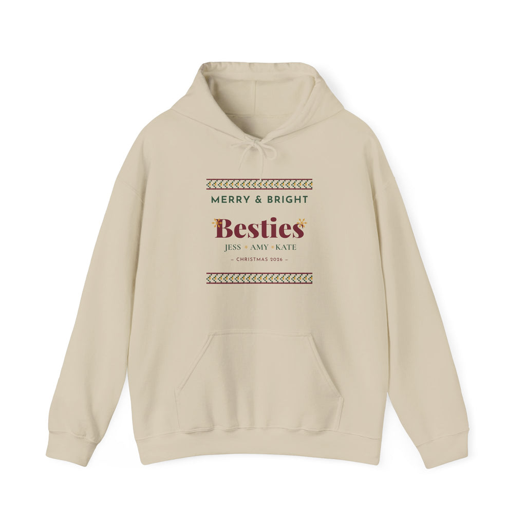 Merry and Bright Besties Christmas Hoodie Personalized — Bella+Canvas 3719 Unisex Sponge Fleece Pullover Hoodie Mockup 1