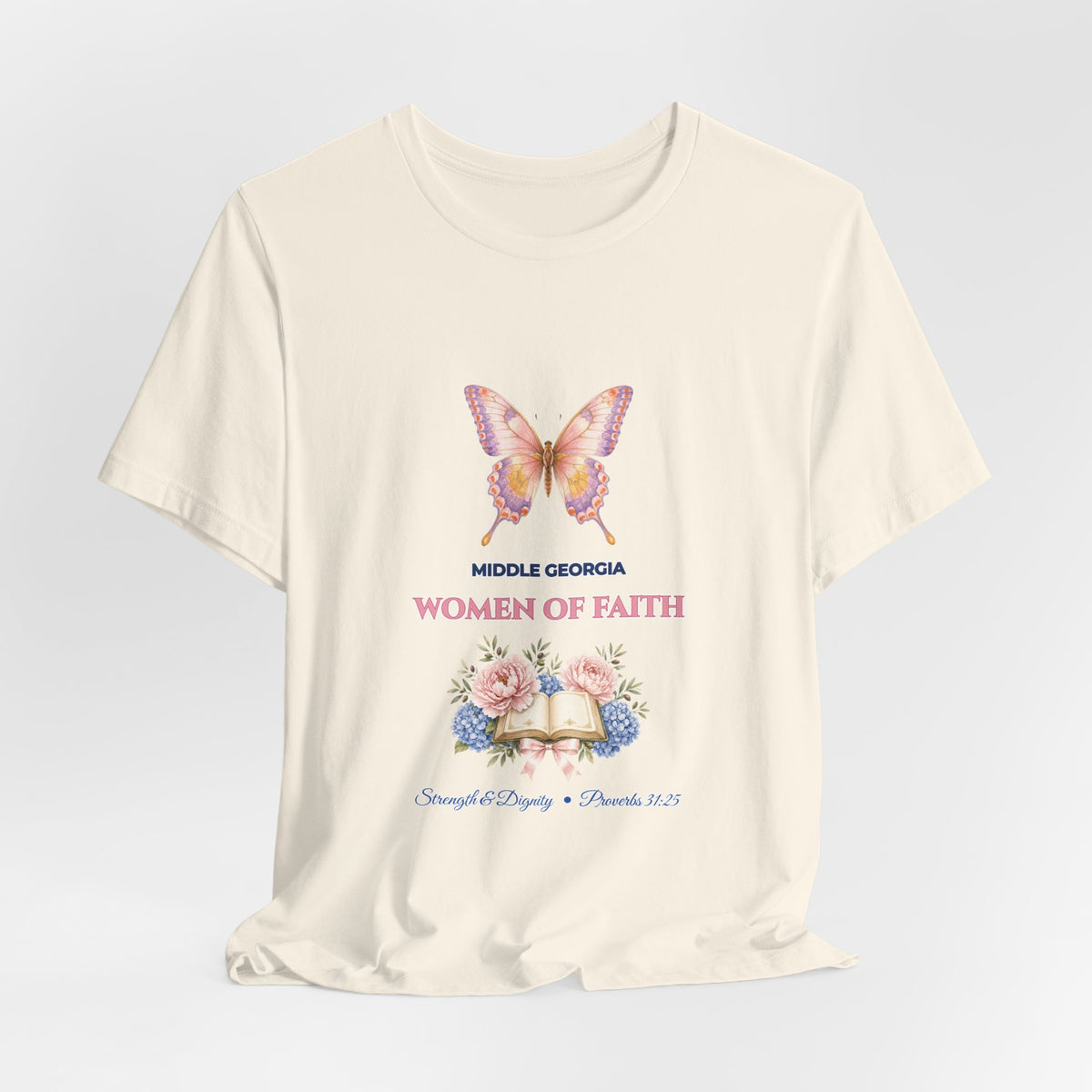 Personalized Custom Church or Ministry Name Shirt | Watercolor Butterfly & Scripture Bella+Canvas 3001 Tee | Women of Faith Bible Study Gift