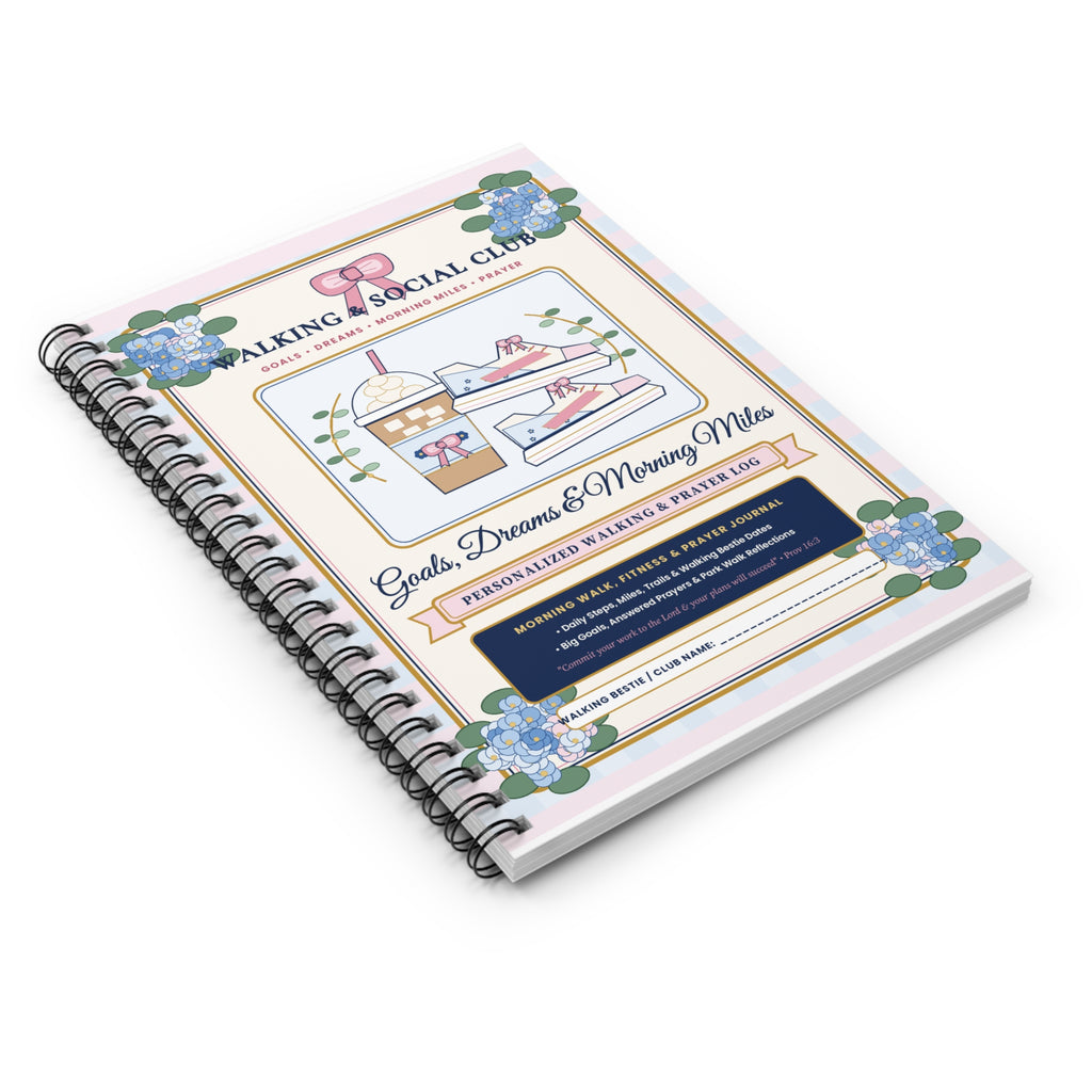 Personalized "Walking Club & Morning Miles Log" — Chinoiserie & Coquette Bow 6" × 8" Spiral Fitness, Prayer & Goals Journal