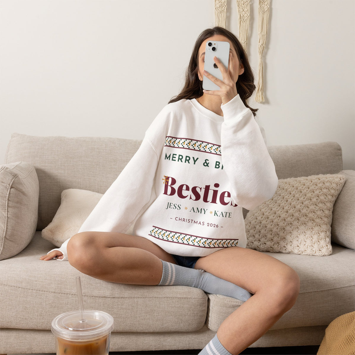 Merry and Bright Besties Christmas Sweatshirt Personalized, Best Friend Christmas Gift, Matching Besties Sweater with Names