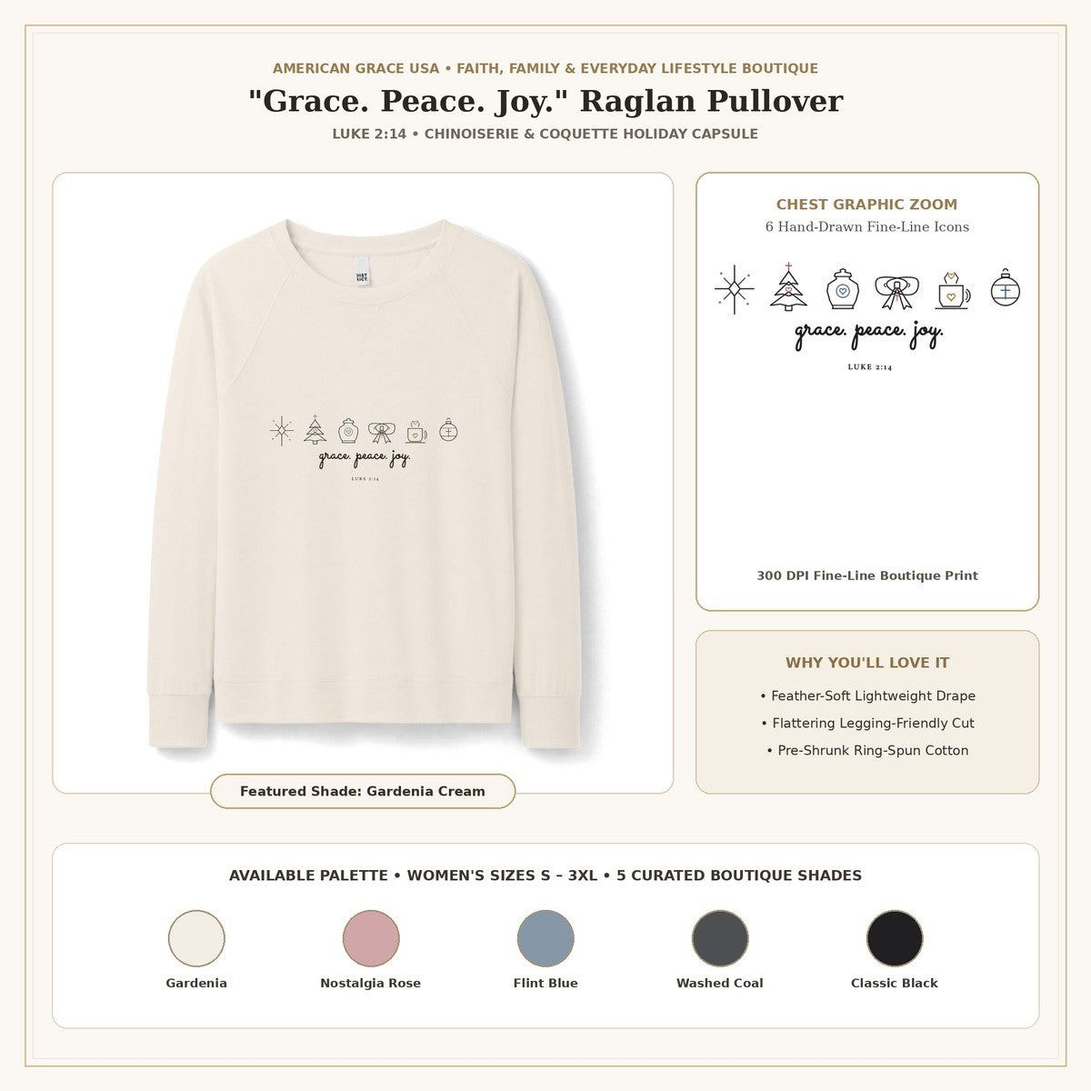Grace Peace Joy Women's Raglan Pullover Boutique Showcase & Chest Graphic Zoom | American Grace USA