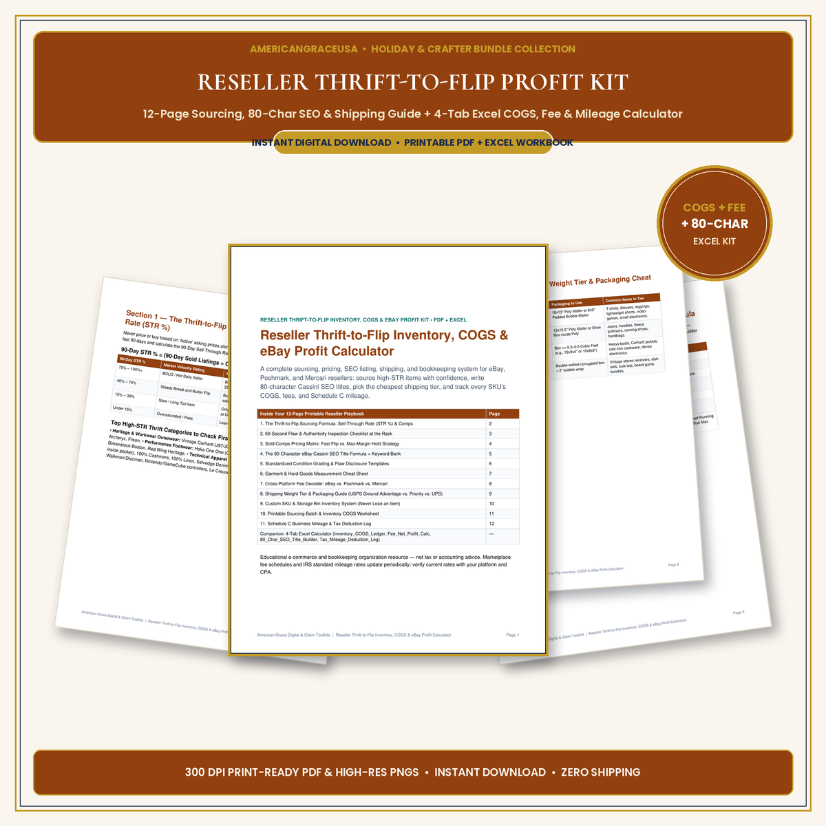 Reseller Thrift-to-Flip Inventory, COGS & eBay Profit Calculator (PDF + Excel) - Hero Mockup