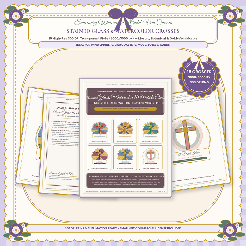 Stained Glass & Watercolor Crosses Clipart & Sublimation Bundle (15 Designs) - Boutique Lavender Sanctuary Arch Cover