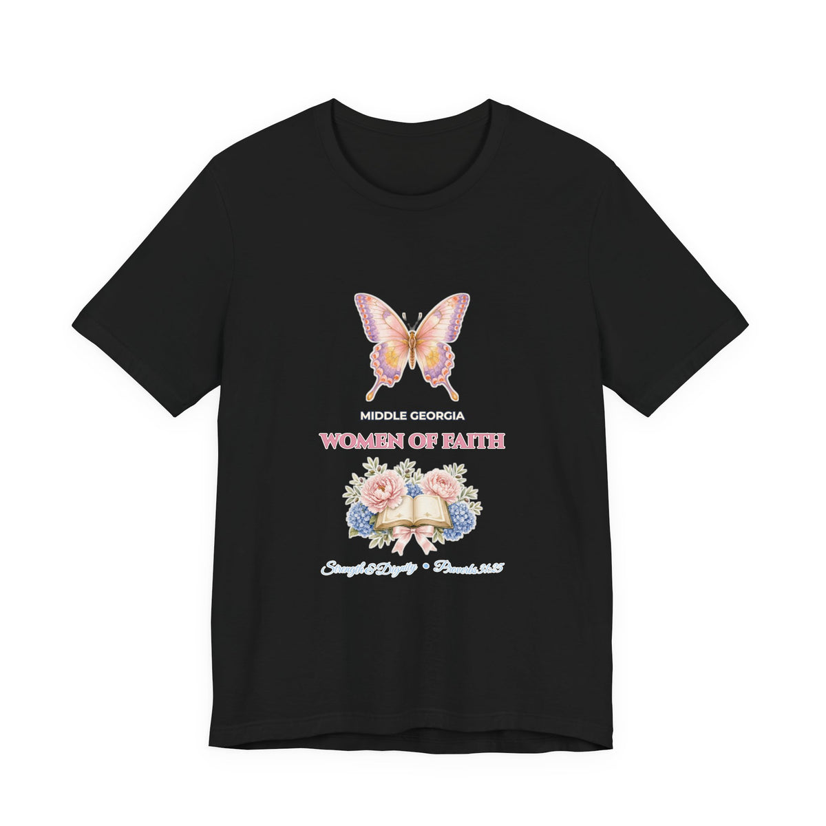 Personalized Custom Church or Ministry Name Shirt | Watercolor Butterfly & Scripture Bella+Canvas 3001 Tee | Women of Faith Bible Study Gift