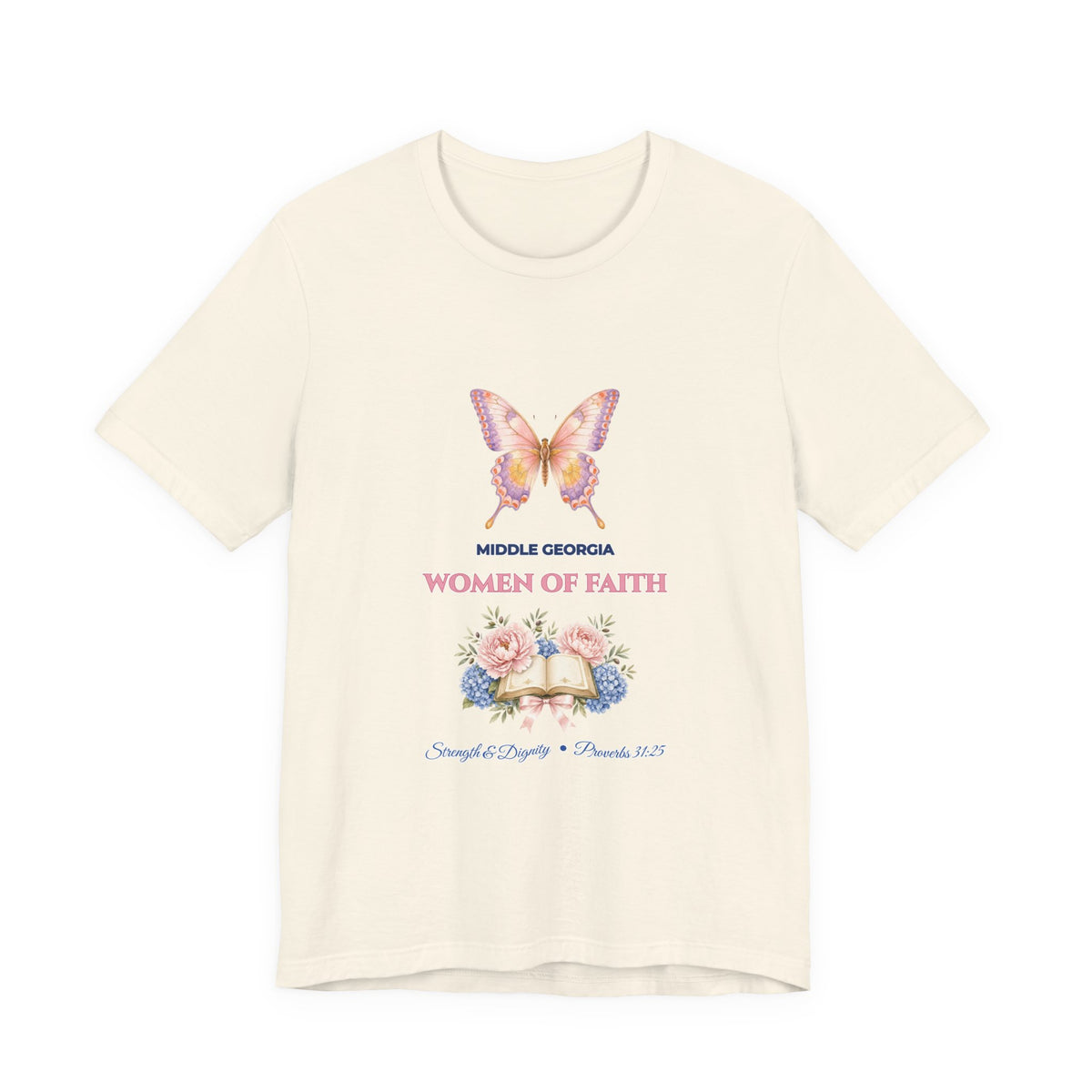 Personalized Custom Church or Ministry Name Shirt | Watercolor Butterfly & Scripture Bella+Canvas 3001 Tee | Women of Faith Bible Study Gift