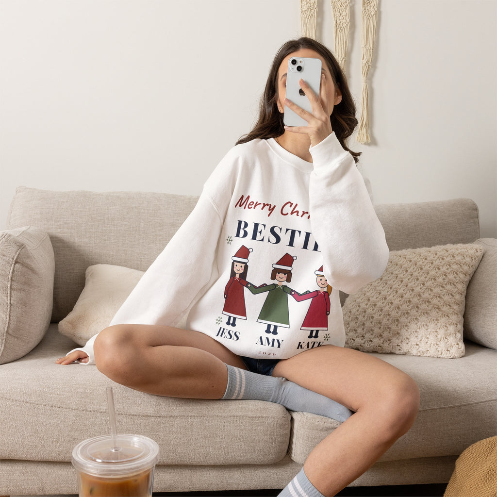 Best Friends Christmas Sweatshirt Personalized, Merry Christmas Besties with 3 Names, Matching Friend Group Crewneck
