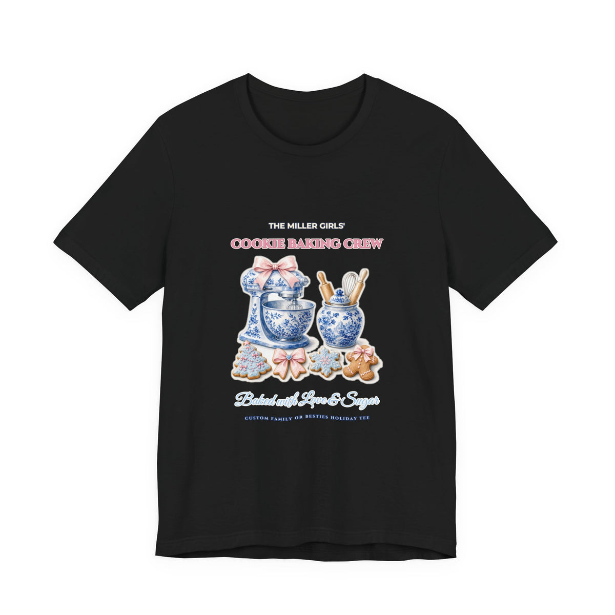 Personalized Custom Family or Besties Christmas Cookie Baking Crew Shirt | Chinoiserie Stand Mixer & Coquette Bow Bella+Canvas 3001 Tee