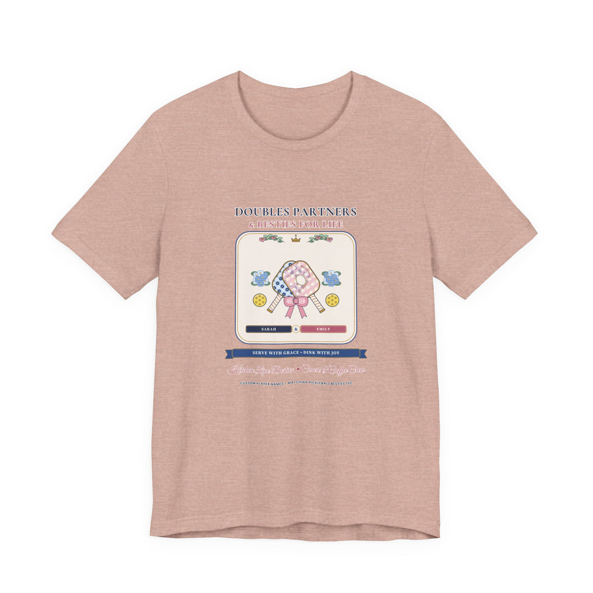Personalized "Doubles Partners & Besties for Life" Preppy Chinoiserie Pickleball Shirt | Custom Names Matching Court Besties Bella+Canvas Tee