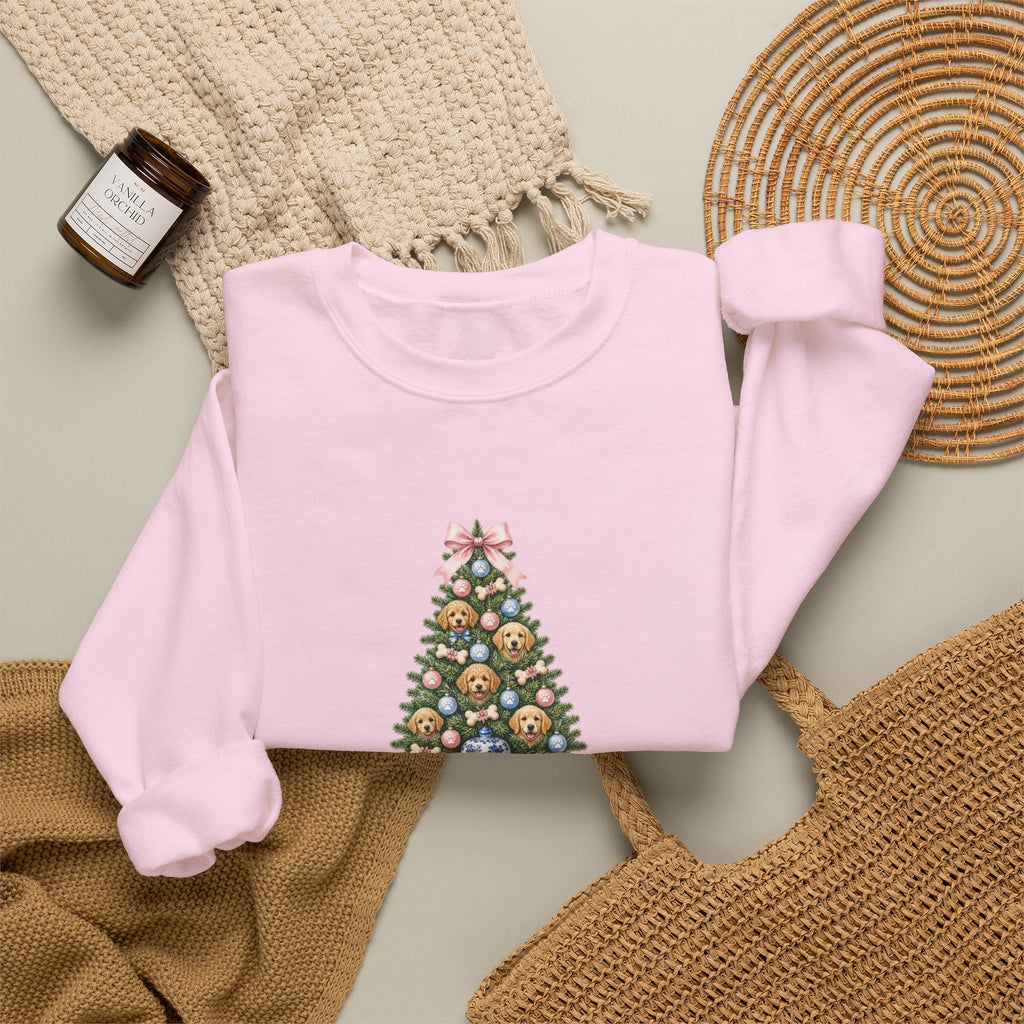 Merry Woofmas Chinoiserie Ginger-Jar Christmas Tree & Golden Doodle Ornaments Sweatshirt | Coquette Bow Dog Mom Holiday Crewneck